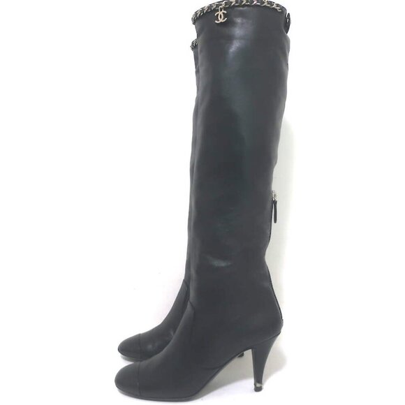 Chanel CC Chain-Trim Cap Toe Knee High Boots Black Leather Size 36.5 - Picture 6 of 15
